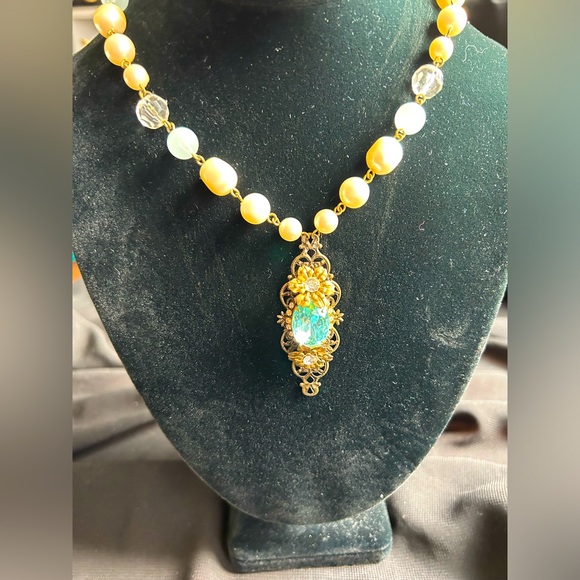 Vintage Jewelry - VTG Upcycled beaded necklace and pendant. No hook closure. Slip over head style